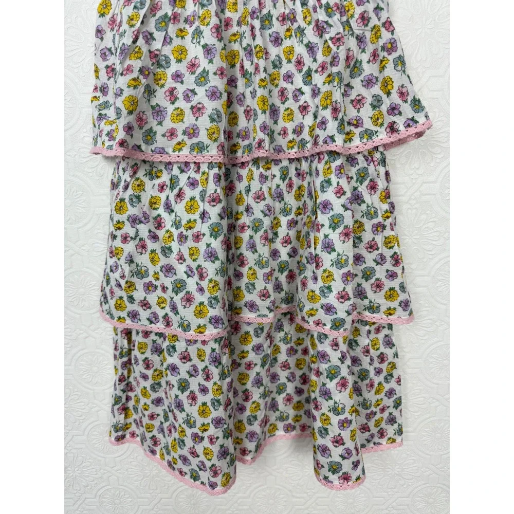 Mini Boden Girls Floral Smocked Tiered Lace Trim Dress White Pink 11-12Y NWT